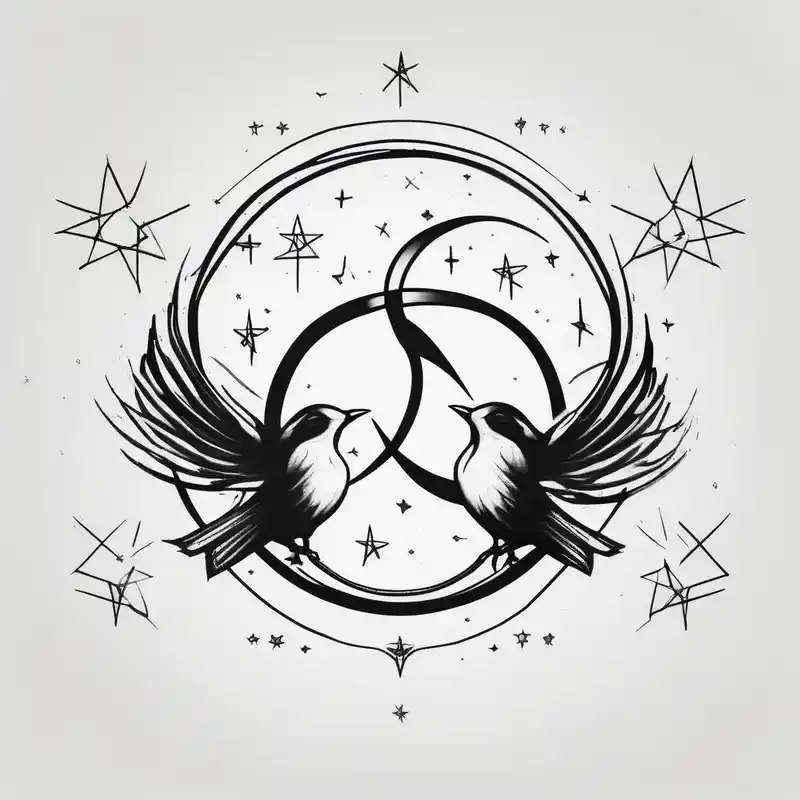 two birds sitting, stars and infinity theme couples tattoo glitter tattoo